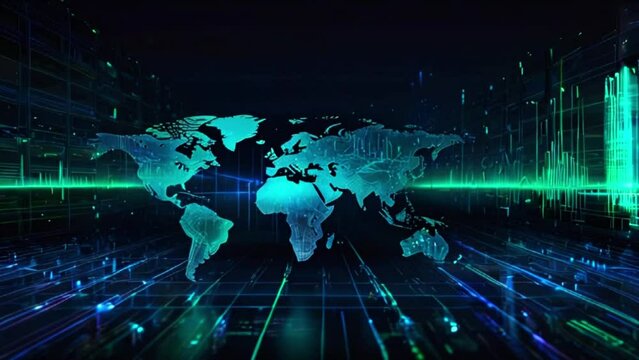 A glowing blue and green world map made of digital code is in the center of a dark background with bright green lines at the top and bottom.