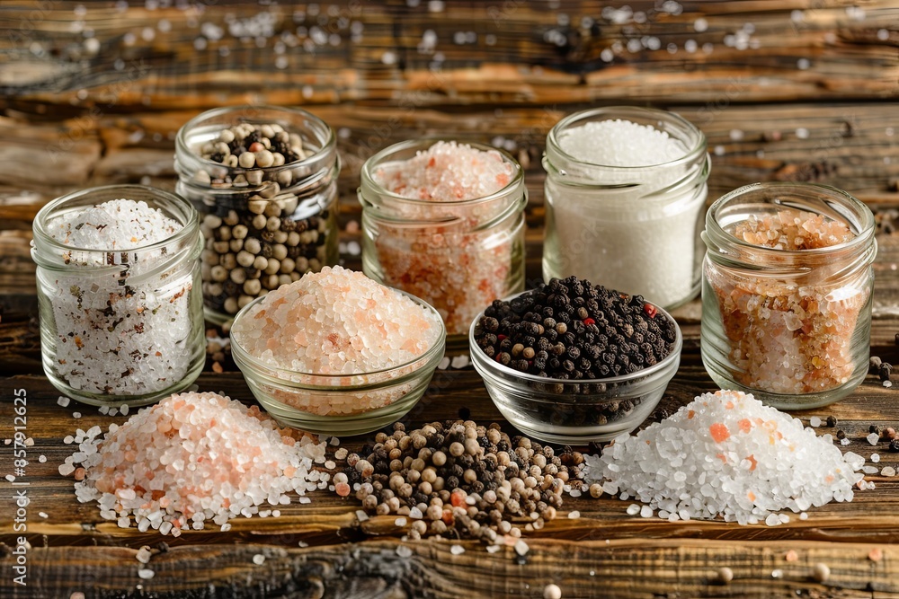 Poster various types of salt and pepper in glass jars and bowls on a rustic wooden surface. generative ai