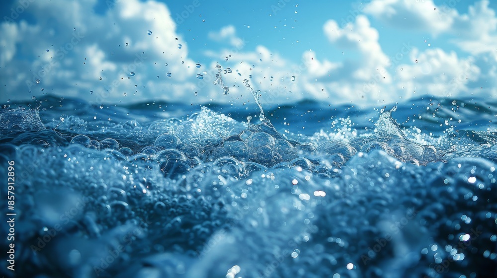 Poster an invigorating view of the ocean surface with splashing waves under a clear blue sky, capturing the