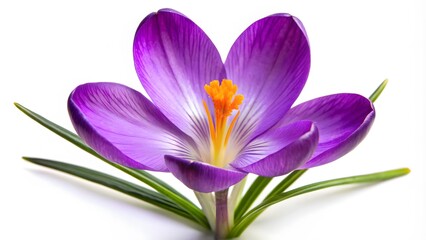 Delicate Purple Crocus Flower In Full Bloom With Vibrant Orange Pistil And Green Leaves Isolated On White Background