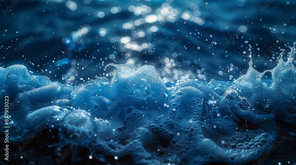 Poster this image shows the vibrant surface of the ocean with white foam and splashing waves, capturing the