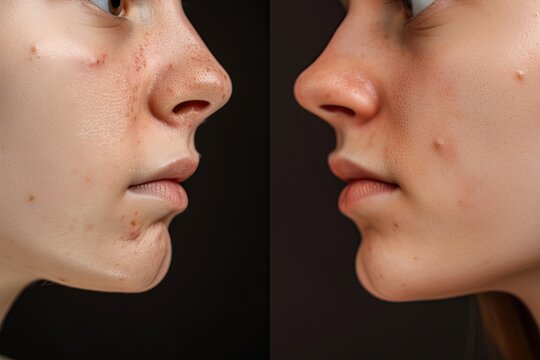 Closeup of a woman's face before and after using a cream for skincare. Skin treatment. No makeup. Allergy. Young girl's face skin with blemishes. Eczema. Skin care. Progress. Rash. Pimples on cheeks