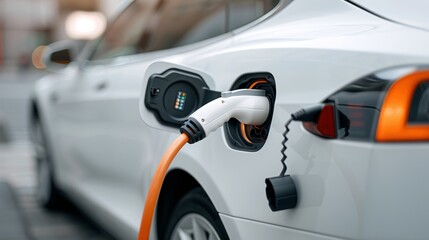 Electric Car Charging at Station in Urban Area in Daytime Ambiance