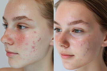 Obraz premium Closeup of a woman's face before and after using a cream for skincare. Skin treatment. No makeup. Allergy. Young girl's face skin with blemishes. Eczema. Skin care. Progress. Rash. Pimples on cheeks