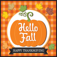 Happy thanksgiving card design with pumpkin and maple leaves