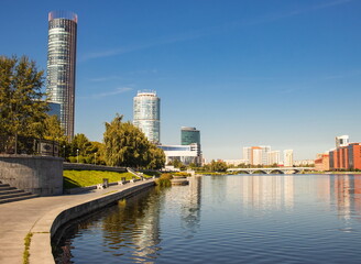 Fototapeta premium Landscape of the embankment of the city of Yekaterinburg. Yekaterinburg. Russia.. City landmark.