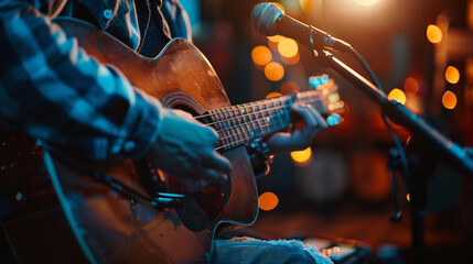 A performer sings and strums an acoustic guitar during a lively concert