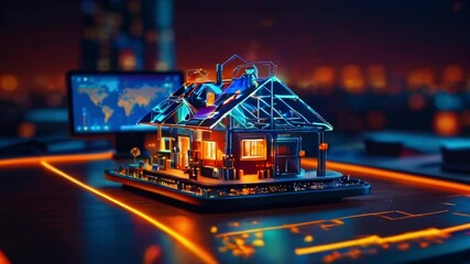 A smart home with a transparent roof shows the internal structure and a digital map of the world. - Powered by Adobe