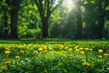 Fototapeta premium Landscape with young lush green grass with blooming dandelions on the background of trees in the garden. ai generative
