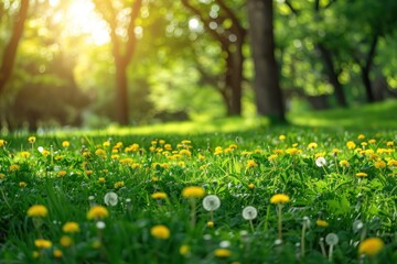 Obraz premium Landscape with young lush green grass with blooming dandelions on the background of trees in the garden. ai generative