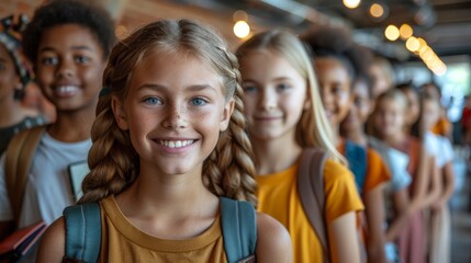 Fototapeta premium A young girl with pigtails smiles warmly while standing in line with her classmates, creating a scene full of youthful energy and camaraderie in a school setting.