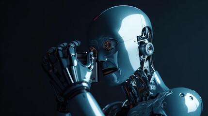 Robot, artificial intelligence, takes pictures with a camera, the concept of Photographer Day. AI generated.