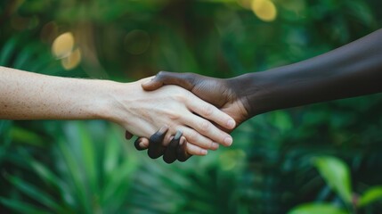 Two men shake hands. Black and white human hands shake hands as a sign of friendship. Multinationality.