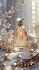 Closeup glass bottle of aromatic niche luxury perfume on background of beige fabric drapery. Cosmetics products for care and personal hygiene concept.