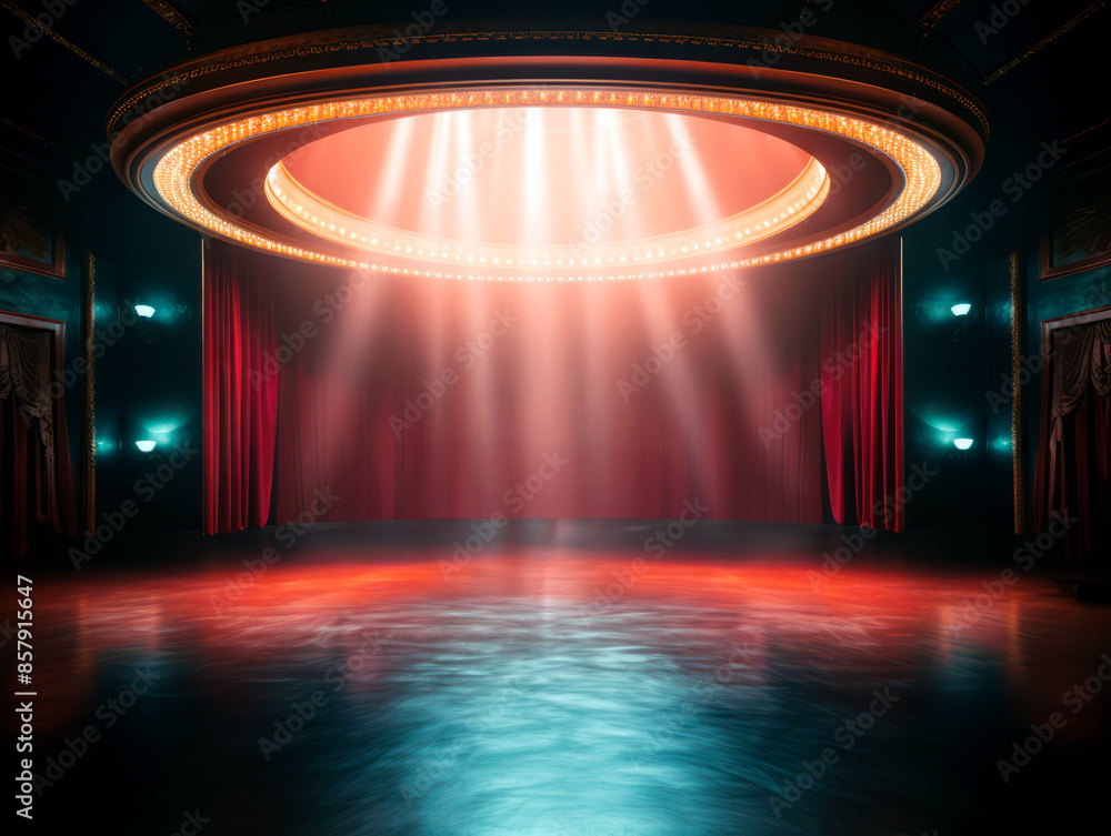 Poster An empty stage with red curtains and glowing lights, reflecting on a glossy floor, portraying the concept of a theater performance. Generative AI