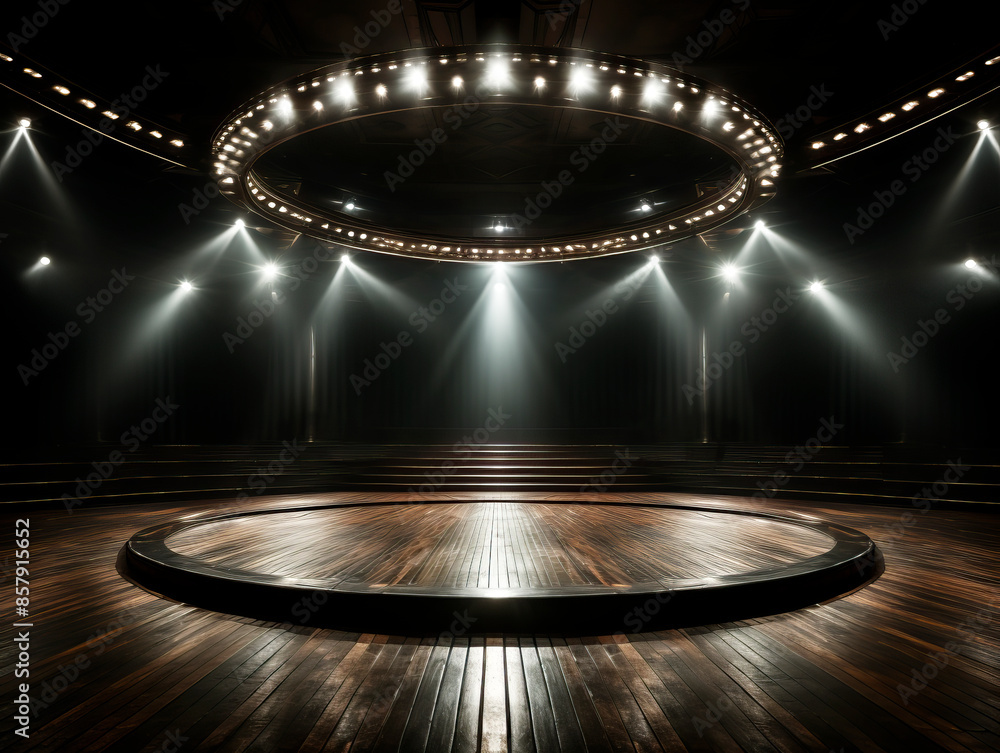 Poster empty circular stage with spotlight, realistic style, dark background, concept of performance. gener