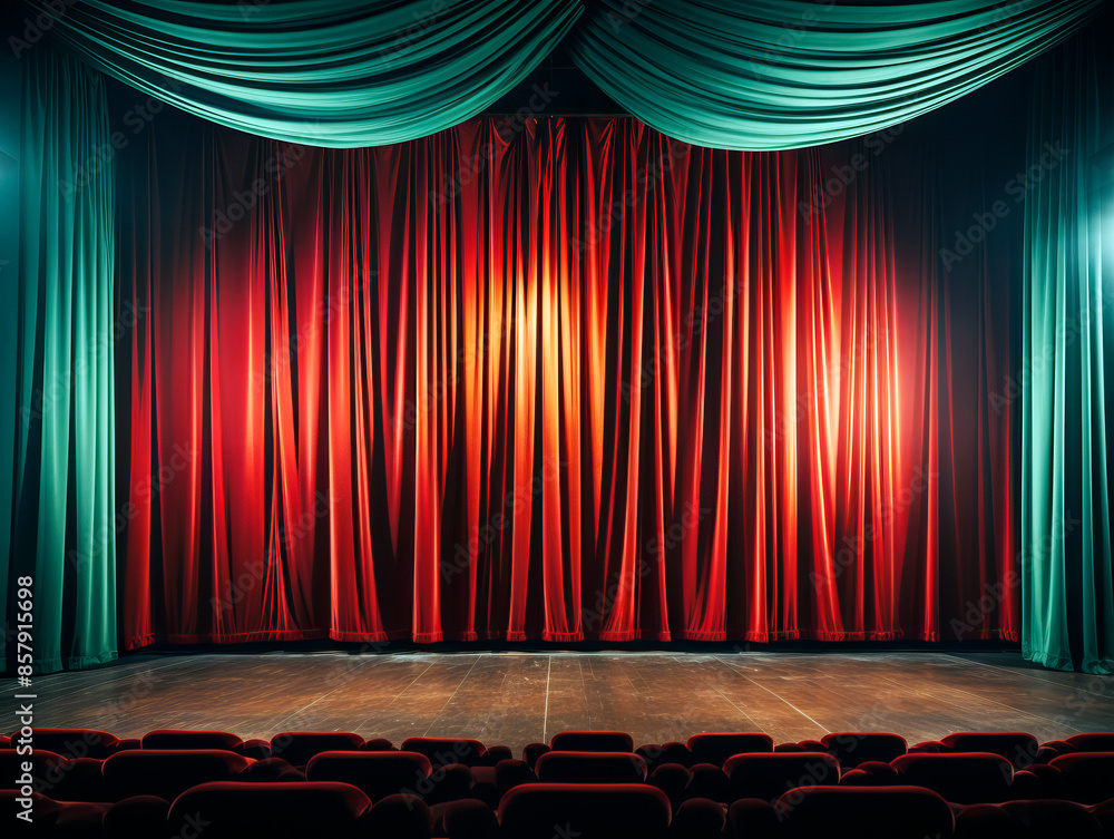Poster An empty theater with red curtains on stage and rows of seats, set against a dim background, concept of performance space. Generative AI
