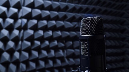 Depicts a dark podcast or recording studio background with acoustic foam and a black microphone, suitable for audio-related content with copy space