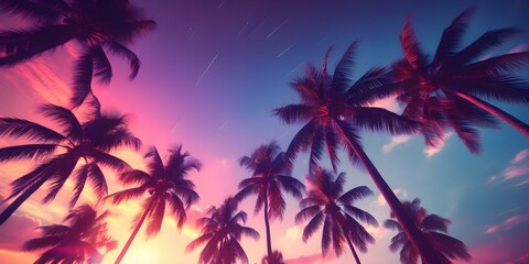 Obraz premium Nostalgic Synthwave Aesthetic 1980s Vibes with Palm Trees and Palmettos. Concept Synthwave Music, 1980s Aesthetic, Nostalgia, Palm Trees, Palmettos