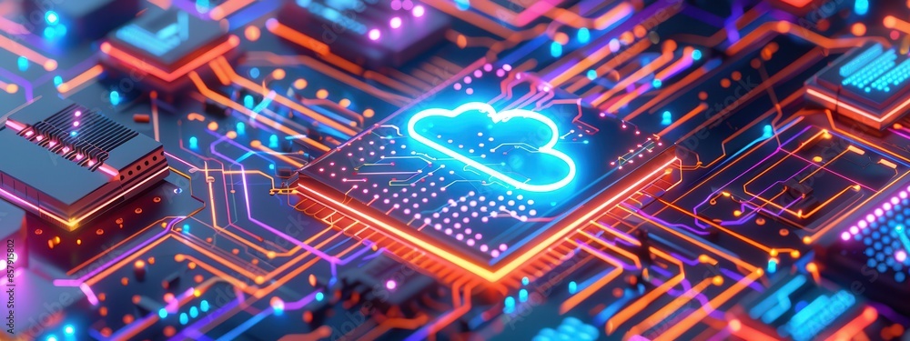 Poster an isometric 3d render of a data center, with a prominent glowing cloud icon on a mainboard in the c