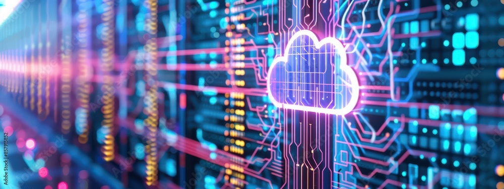 Poster an isometric 3d render of a data center, with a prominent glowing cloud icon on a mainboard in the c