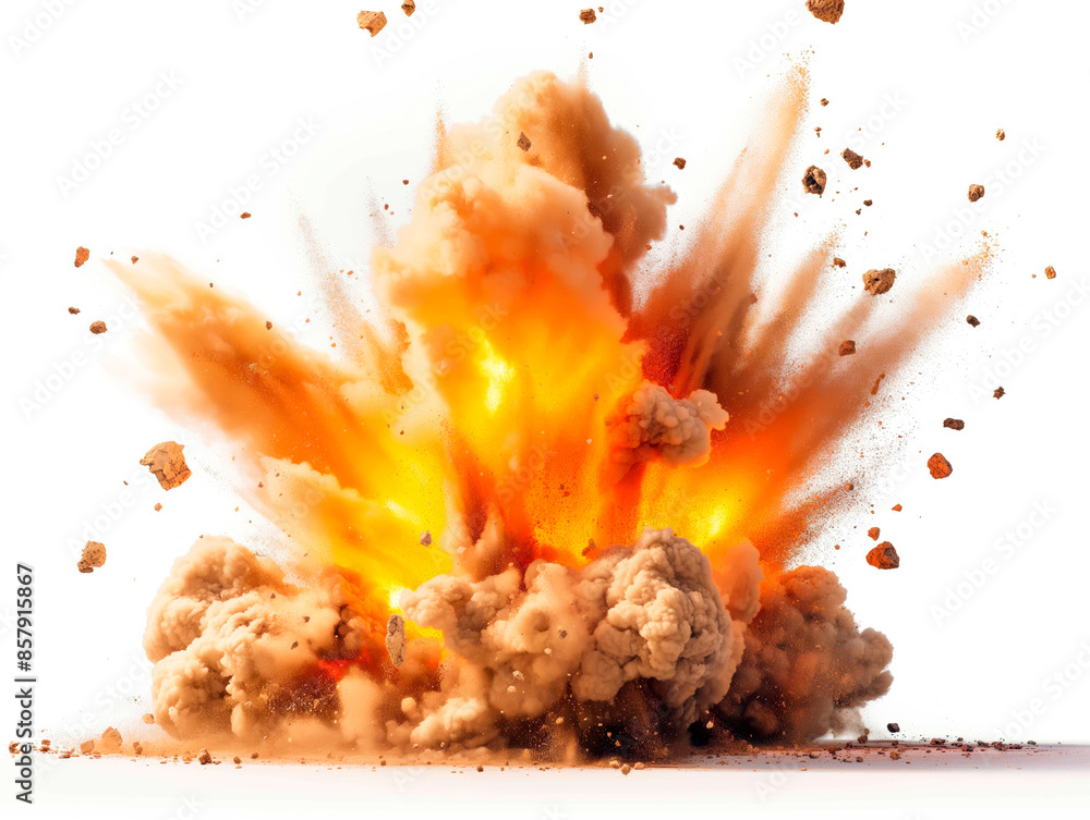 Poster a vivid explosion with flying debris on a clear background, depicting the concept of impact or destr