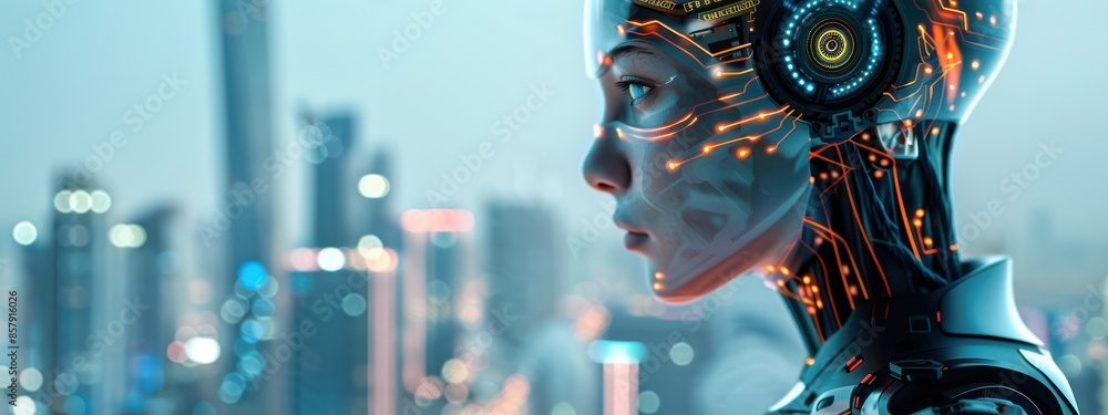 Poster artificial intelligence: a humanoid robot with circuits visible beneath its translucent skin, standi