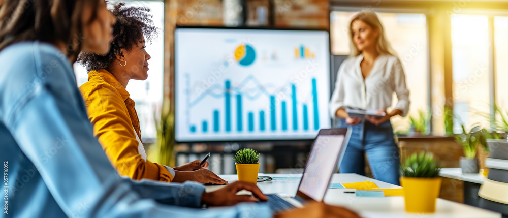 Poster a team in a business meeting with digital charts on a monitor, office setting and warm lighting, con