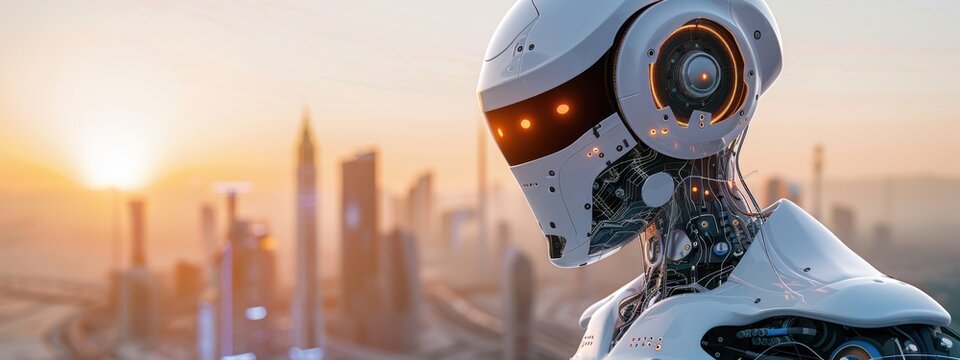 Artificial Intelligence: A humanoid robot with circuits visible beneath its translucent skin, standing in front of a futuristic cityscape.
