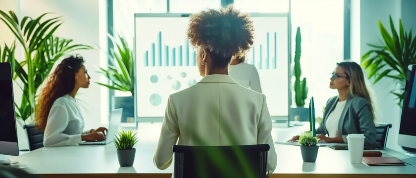 Business professionals in a meeting with a presentation, office environment, concept of teamwork and collaboration. Generative AI