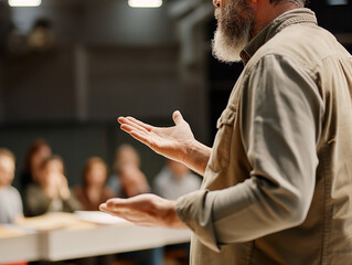 Obraz premium A bearded man giving a presentation, in soft focus, with an audience in the background, conveying the concept of leadership and education. Generative AI