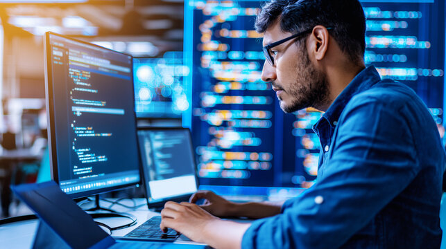 Man coding on a laptop in a server room, bokeh lights background, concept of software development. Generative AI