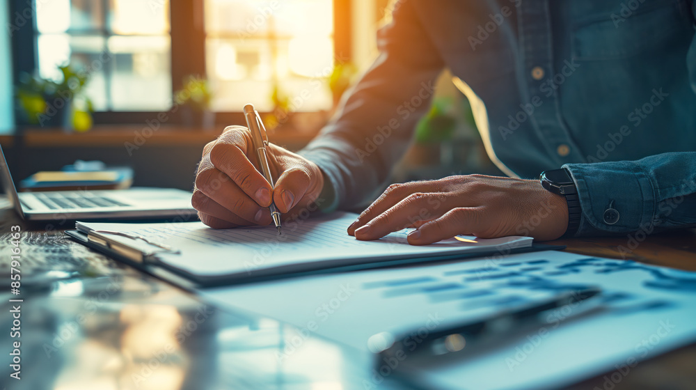 Poster close-up of a person writing on paper with a pen, laptop and documents in background, depicting a bu