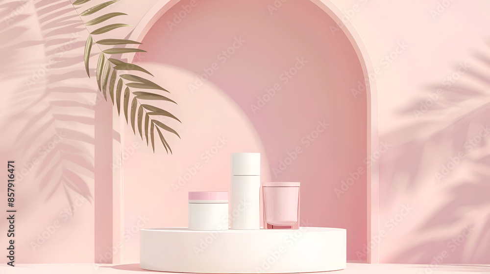 Poster arch frame with palm tree in trendy minimal design. architecture interior background. 3dabstract sce