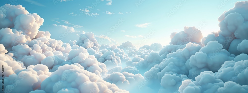 Poster cloud computing: a cloud-shaped server farm in the sky, with data streams flowing between multiple c