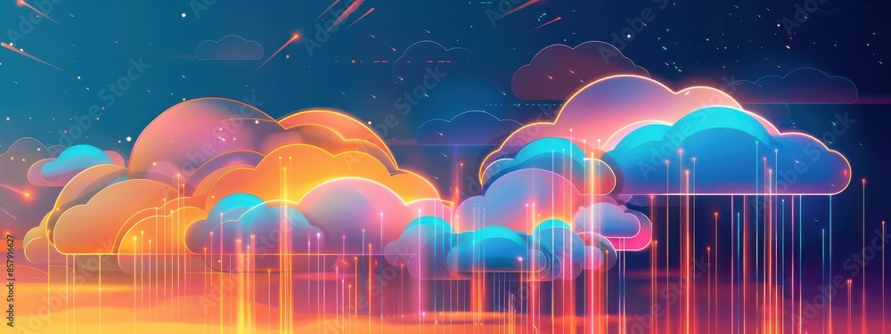 Aufkleber cloud computing: a cloud-shaped server farm in the sky, with data streams flowing between multiple c