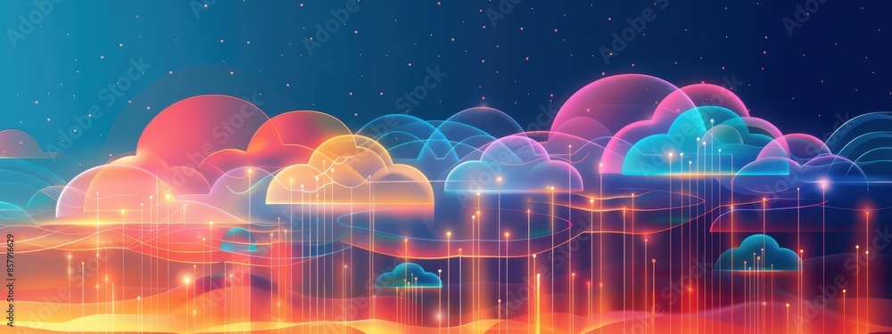 Aufkleber cloud computing: a cloud-shaped server farm in the sky, with data streams flowing between multiple c