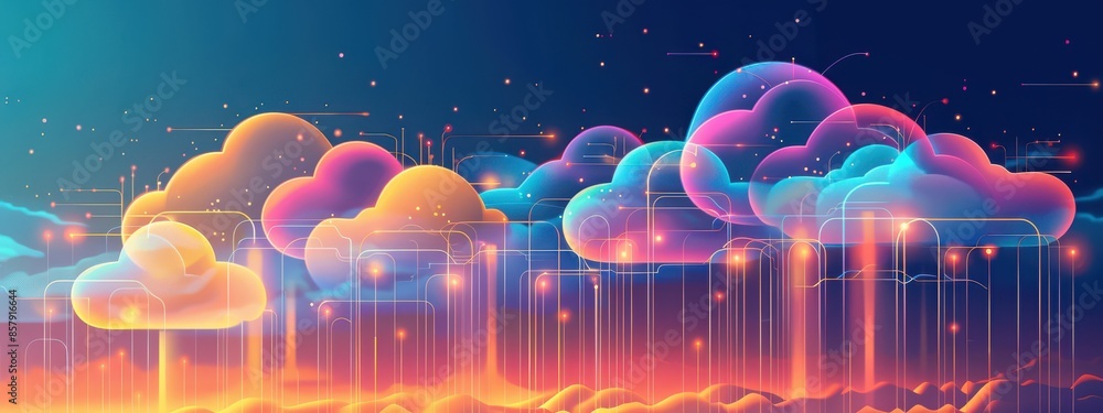Aufkleber cloud computing: a cloud-shaped server farm in the sky, with data streams flowing between multiple c