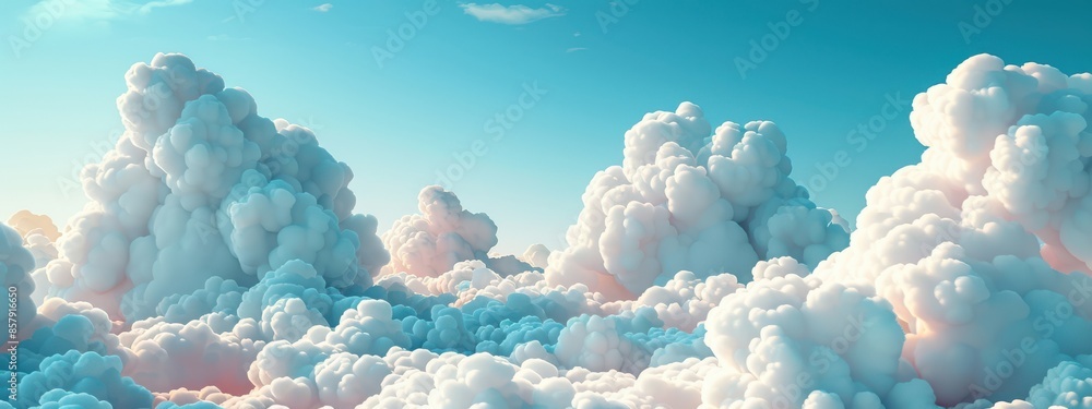 Poster cloud computing: a cloud-shaped server farm in the sky, with data streams flowing between multiple c