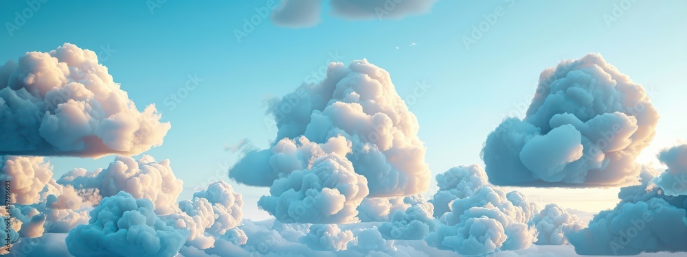 Poster cloud computing: a cloud-shaped server farm in the sky, with data streams flowing between multiple c