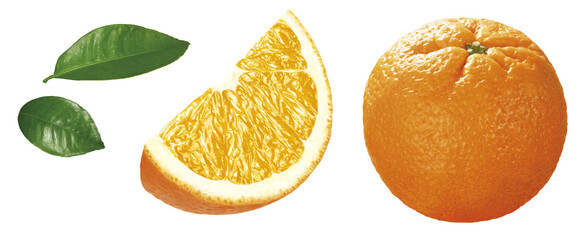 Ganze Orange mit Schale, Spalte mit Schale und Orangenblätter