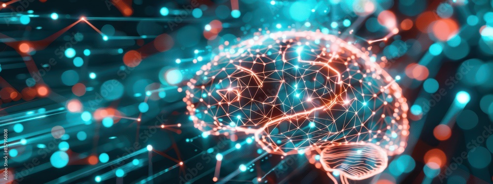 Aufkleber 3d image of a human brain made up of interconnected digital nodes and circuits. the background shoul