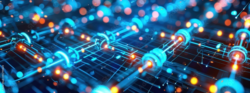 Aufkleber 3d representation of blockchain technology with interconnected blocks and chains glowing in blue. th