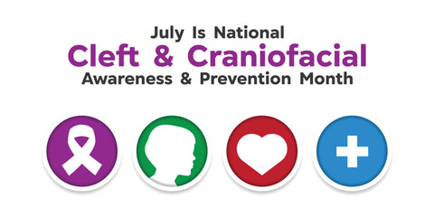 National Cleft and Craniofacial Awareness and Prevention Month. Ribbon, kid, heart and plus icon. Perfect for cards, banners, posters, social media and more. White background. 