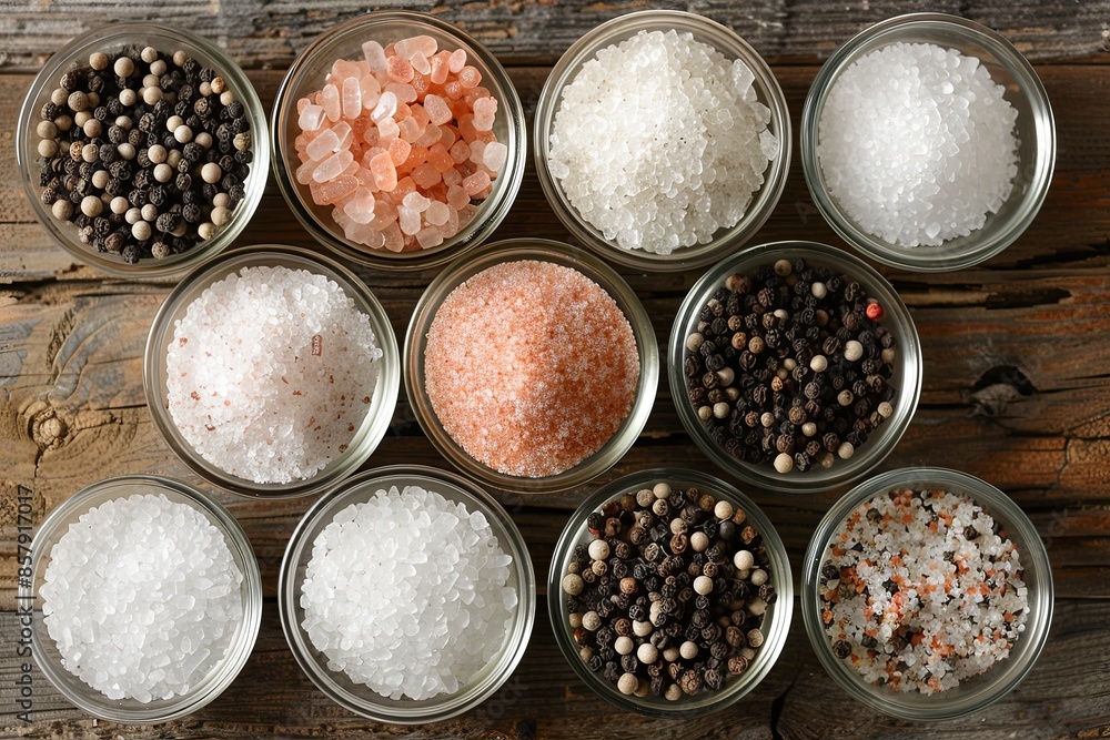 Poster A collection of various salts and peppercorns arranged in small glass jars and bowls on a rustic wooden surface. Generative AI