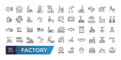 Factory icon set. Containing factory, eco factory, industrial robot, recycling plant. Collection and pack of linear web and ui icons. Editable stroke. Vector illustration