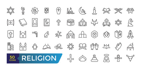 Simple Set of Religion Line Icons. Contains such Icons as Prayer Room, Temples, Divine Book and more. Collection and pack of linear web and ui icons. Editable stroke. Vector illustration