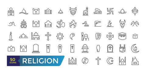 Simple Set of Religion Line Icons. Contains such Icons as Prayer Room, Temples, Divine Book and more. Collection and pack of linear web and ui icons. Editable stroke. Vector illustration