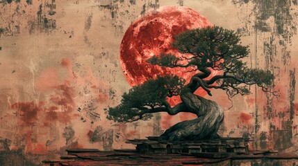 Fototapeta premium Bonsai tree with a ruby moon backdrop, distressed texture, designed as a 3D mural, raw and detailed, serene ambiance
