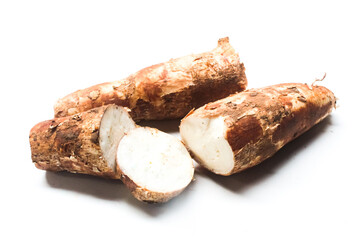 pieces of raw cassava isolated on white background